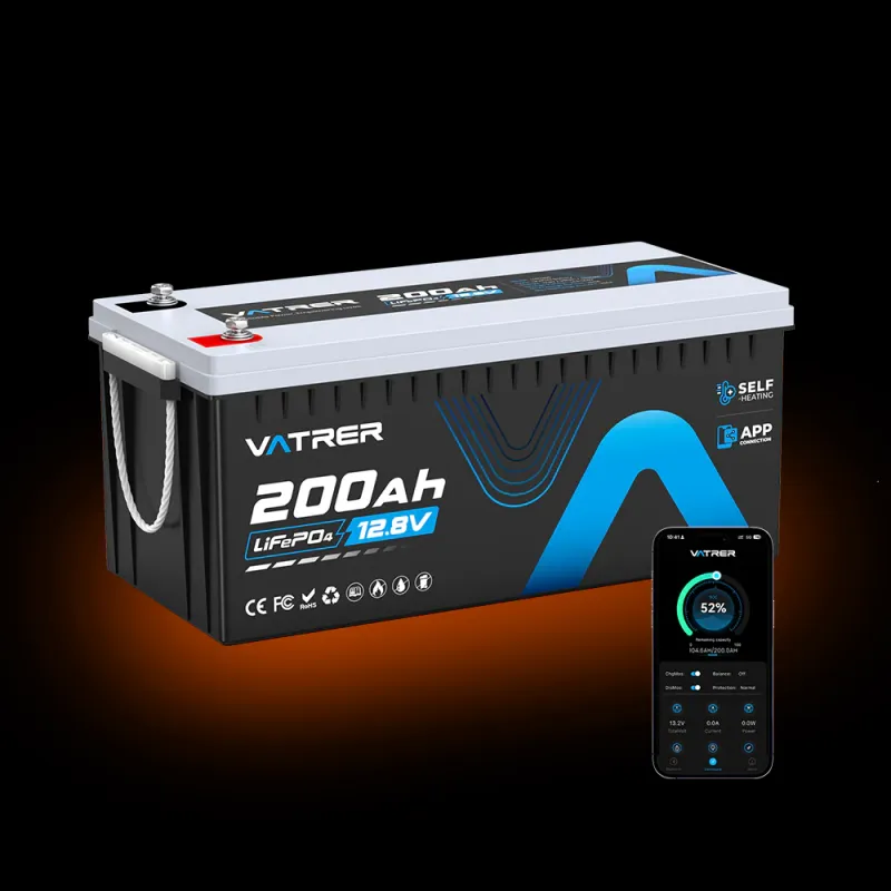 Vatrer 12V 200Ah LiFePO4 self-heating deep cycle lithium battery with 200A BMS and Bluetooth for winter RV marine solar off-grid applications