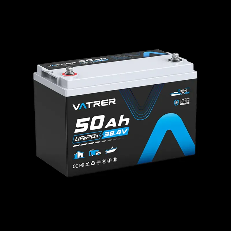 Vatrer 36V 50Ah LiFePO4 deep cycle marine trolling motor lithium battery with 50A BMS and low-temp protection for Minn Kota MotorGuide Garmin all-day runtime