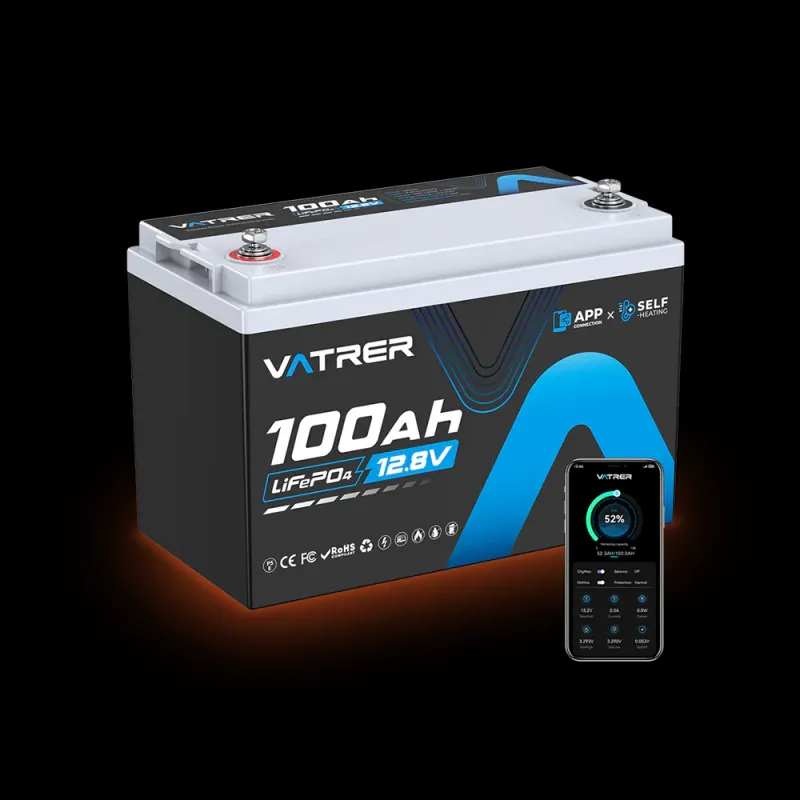 Vatrer 12V 100Ah LiFePO4 heated deep cycle lithium battery with 100A BMS and Bluetooth for winter RV marine solar off-grid applications