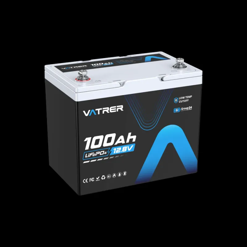 Vatrer 12V 100Ah Group 24 low temp LiFePO4 deep cycle lithium battery with 100A BMS and Bluetooth for marine RV solar cold-weather applications