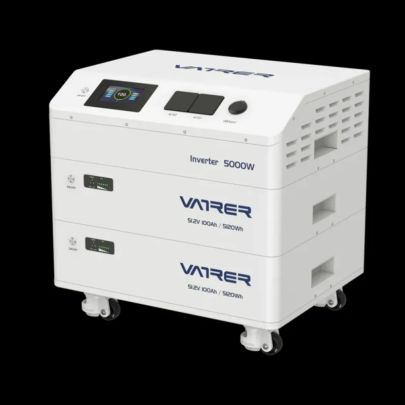 Vatrer 48V 100Ah stacked 2 cells modular all-in-one LiFePO4 battery pack with 5kW inverter 100A MPPT for solar home backup RV off-grid applications