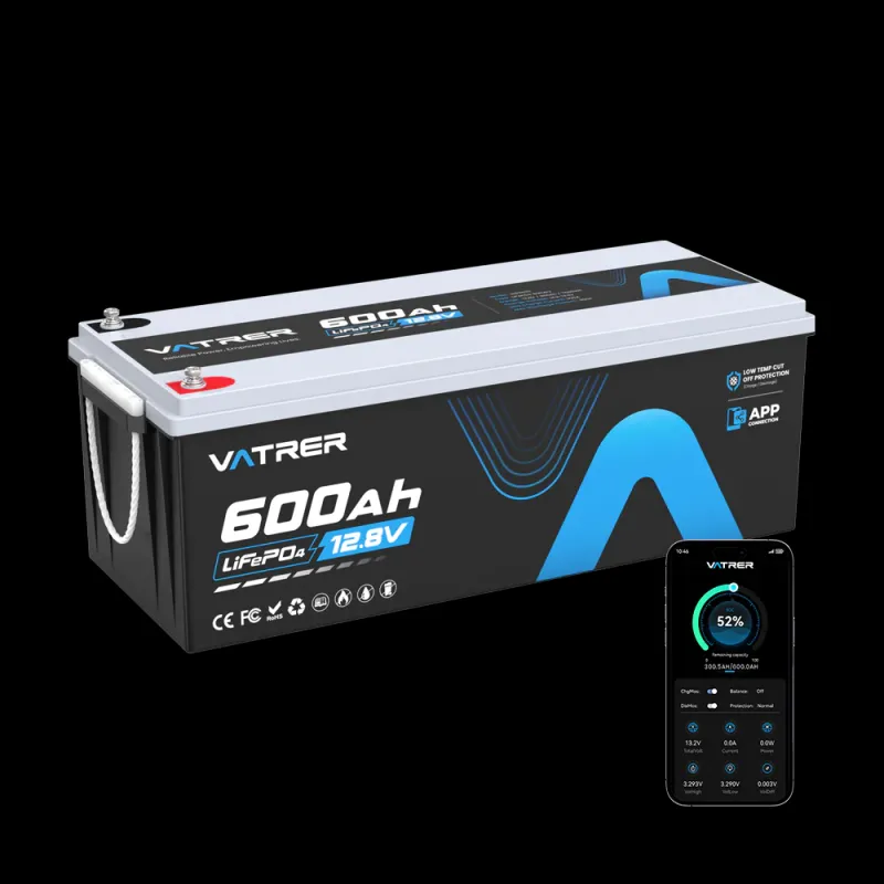 Vatrer 12V 600Ah LiFePO4 deep cycle lithium battery with 300A BMS and Bluetooth for full-time RV large solar marine off-grid monster power applications