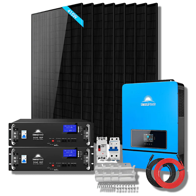 Sungold Power 8kW off-grid solar kit with 10.24kWh LiFePO4 battery and 8x415W panels for 48V 120V/240V RV home off-grid solar applications