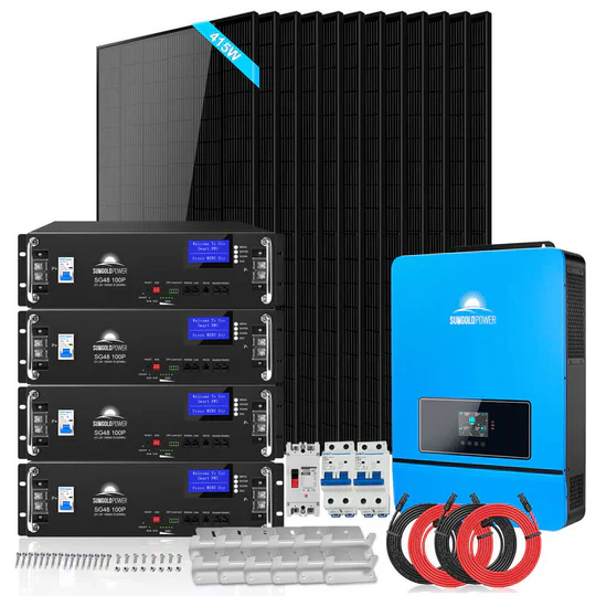 SunGold Power 8kW off-grid solar kit with 20.48kWh LiFePO4 battery and 12x415W panels for 48V 120V/240V RV home off-grid solar applications