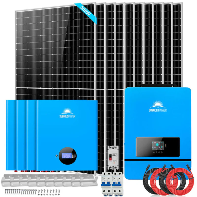 SunGold Power 10kW off-grid solar kit with 20.48kWh LiFePO4 battery and 10x550W panels for 48V 120V/240V RV home off-grid solar applications