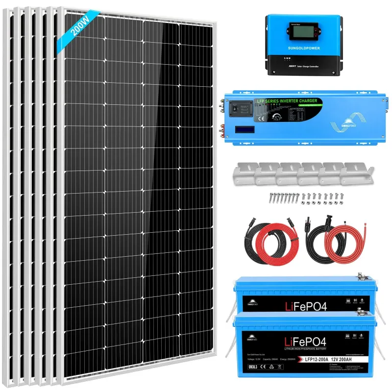 SunGold Power 4kW off-grid solar kit with LiFePO4 battery and 6x200W panels for 12V 120V/240V RV cabin boat off-grid solar applications
