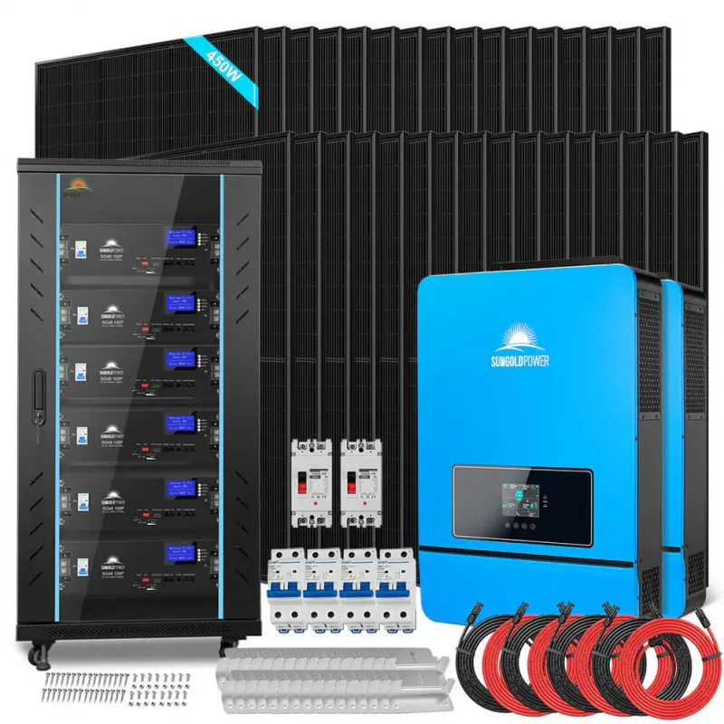 SunGold Power 20kW off-grid solar kit with 30.72kWh LiFePO4 battery and 32x450W bifacial panels for 48V 120V/240V RV home off-grid solar applications