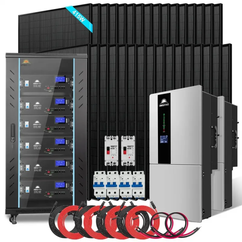 SunGold Power 15.2kW hybrid solar kit with 30.72kWh LiFePO4 battery and 32x415W panels for 48V 120V/240V RV home off-grid solar applications
