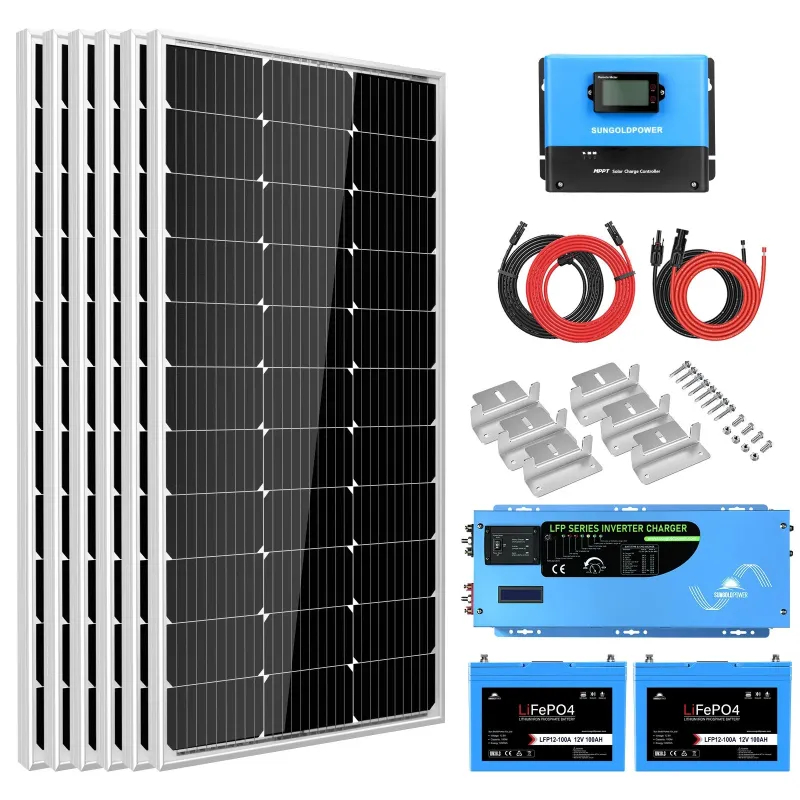 SunGold Power 3kW off-grid solar kit with LiFePO4 battery and 3x200W panels for 12V 120V RV cabin boat off-grid solar applications