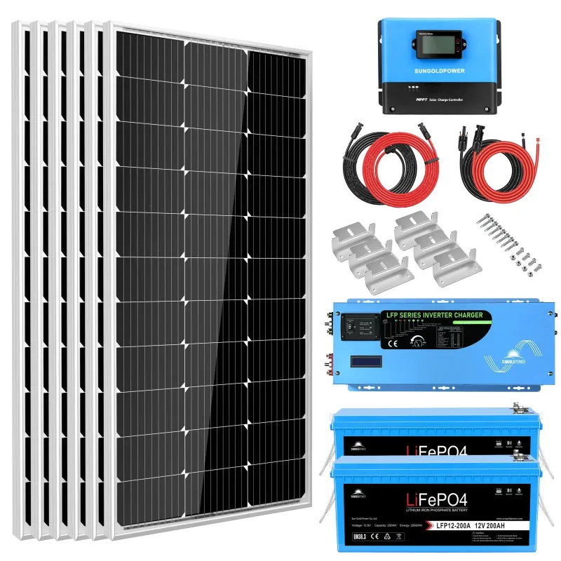 SunGold Power 3kW off-grid solar kit with LiFePO4 battery and 3x200W panels for 12V 120V RV cabin boat off-grid solar applications