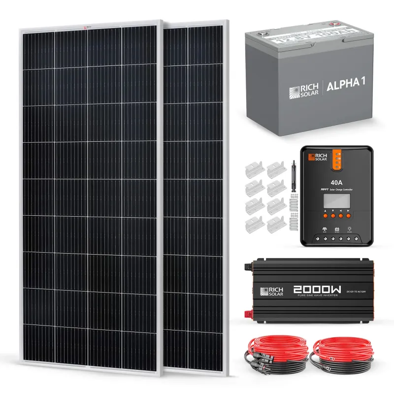 RICH SOLAR 12V 400W complete solar kit sleek black finish with 4x100W monocrystalline panels and 30A MPPT controller for RV boat cabin off-grid applications