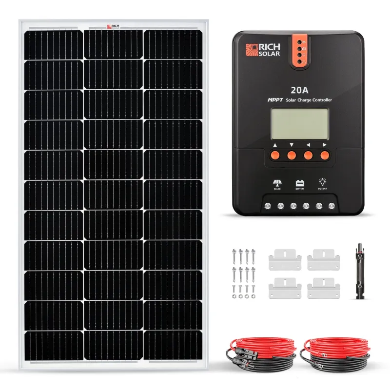 RICH SOLAR 100W off-grid solar kit with monocrystalline panel and 20A PWM controller for kayak fish finder small RV portable solar applications