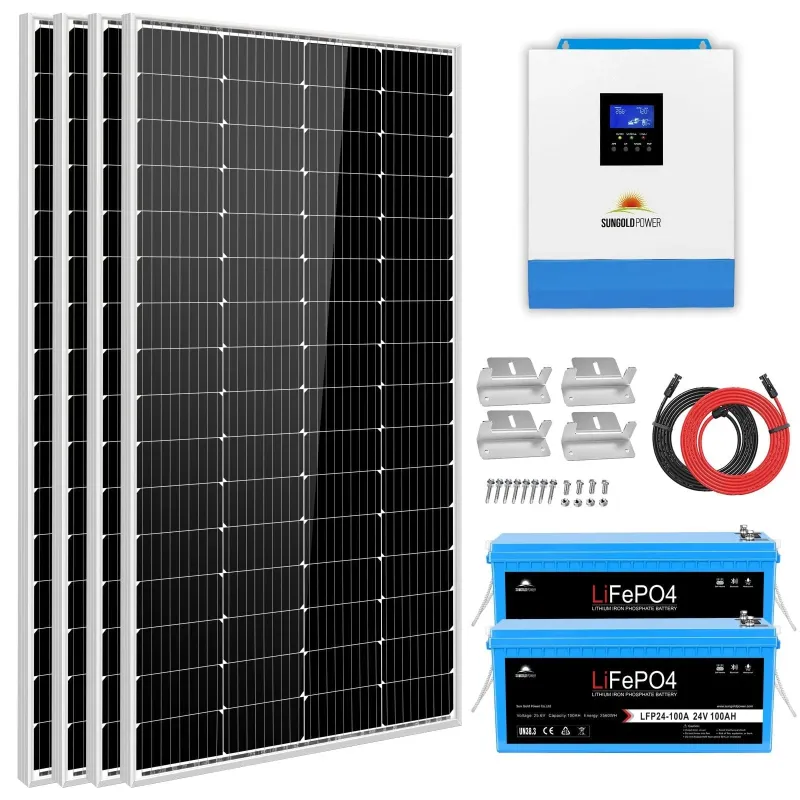 SunGold Power 3kW off-grid solar kit SGKT-3PRO with 5.12kWh LiFePO4 battery and 800W panels for 24V 120V RV cabin boat off-grid solar applications