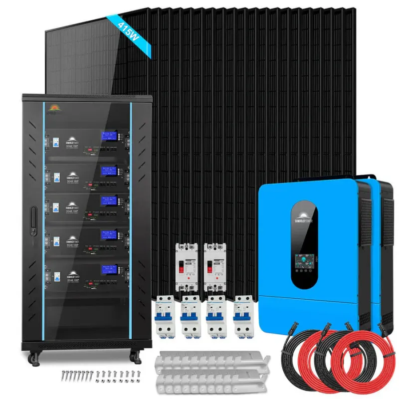 SunGold Power 13kW off-grid solar kit SGR-13K25S with 25.6kWh LiFePO4 battery bank and 20x415W solar panels for 48V 120V/240V whole-home RV cabin off-grid power