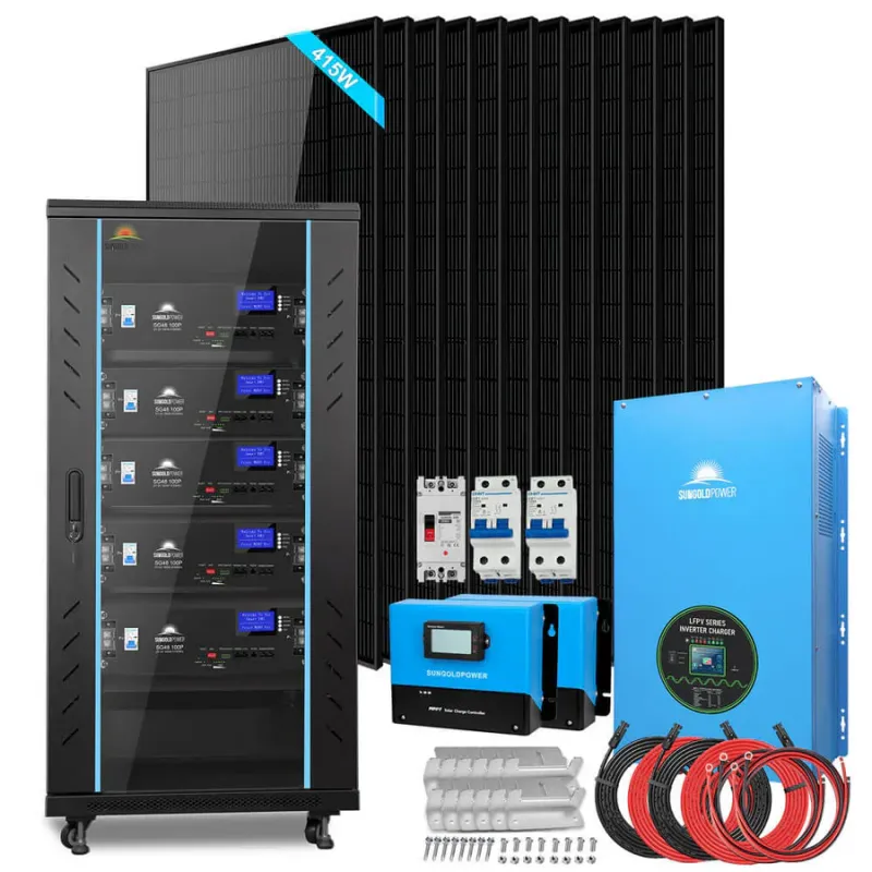 SunGold Power 12kW off-grid solar kit SGR-12K20E with 25.6kWh LiFePO4 battery bank and 12x415W solar panels for 48V 120V/240V whole-home RV cabin off-grid power