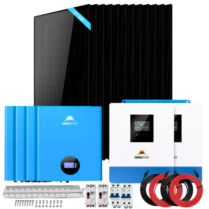 SunGold Power 10kW off-grid solar kit SGM-10M2T with 20.48kWh LiFePO4 battery bank and 12x415W solar panels for 48V 120V/240V whole-home RV cabin off-grid power