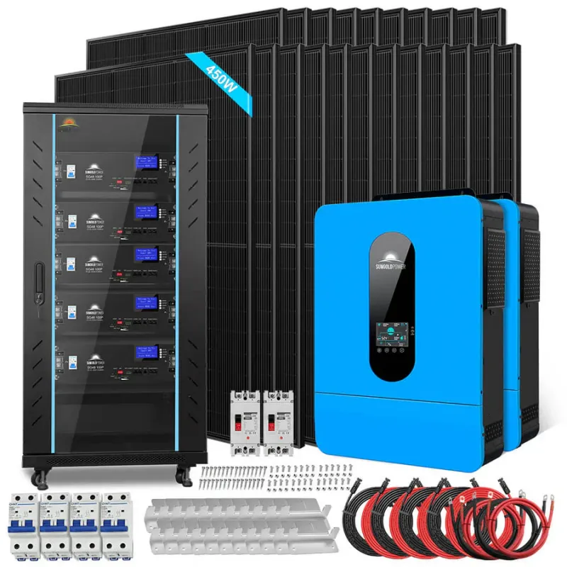 SunGold Power 13kW off-grid solar kit SGR-13K25E with 25.6kWh LiFePO4 battery bank and 22x450W bifacial solar panels for 48V 120V/240V whole-home RV cabin off-grid power