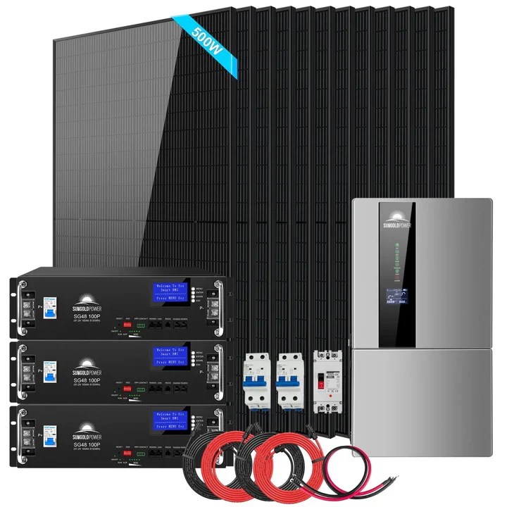 SunGold Power 7.6kW hybrid solar kit SGH-7.6N3E with 15.36kWh LiFePO4 battery bank and 12x500W solar panels for 48V 120V/240V home RV backup grid-tie power