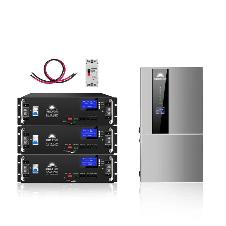 SunGold Power 7.6kW hybrid solar kit SGH-7.6N3E-s with 15.36kWh LiFePO4 battery bank and 48V 120V/240V split-phase inverter for home RV backup grid-tie power
