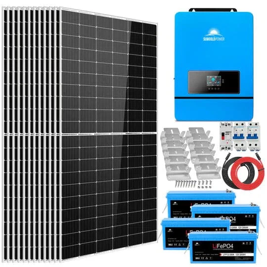 SunGold Power 8kW off-grid solar kit SGK-8MAX with 10.24kWh LiFePO4 battery bank and 12x450W solar panels for 48V 120V/240V whole-home RV cabin off-grid power