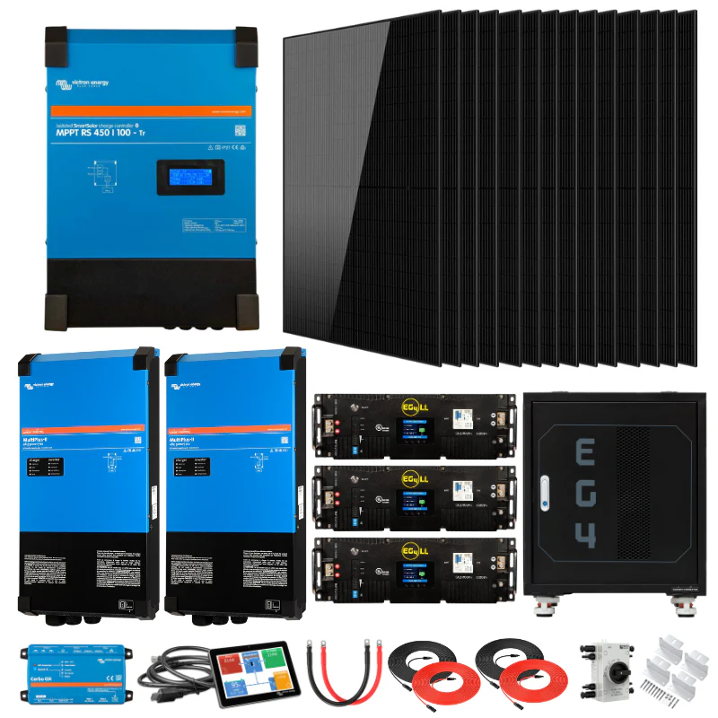 Dual Victron MultiPlus-II 5kVA off-grid solar kit with 15.36kWh Pytes LiFePO4 battery bank and 48V 120V/240V inverters for home RV backup power applications