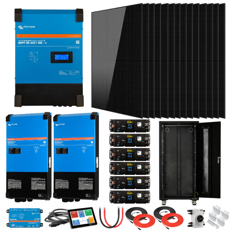 Dual Victron MultiPlus-II 5kVA off-grid solar kit with 15.36kWh Pytes LiFePO4 battery bank and 48V 120V/240V inverters for home RV backup power applications