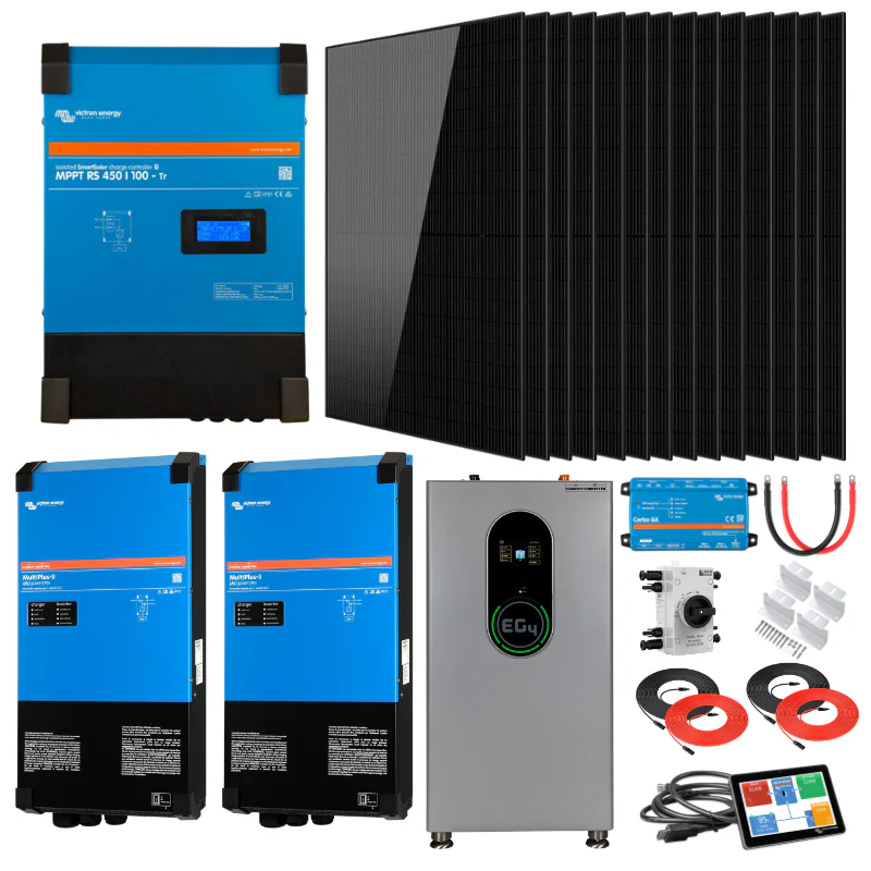 Dual Victron MultiPlus-II 5kVA off-grid solar kit with 15.36kWh Pytes LiFePO4 battery bank and 48V 120V/240V inverters for home RV backup power applications