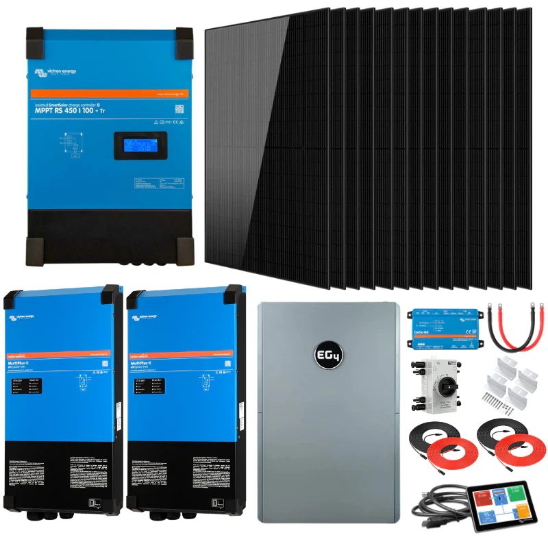 Dual Victron MultiPlus-II 5kVA off-grid solar kit with 15.36kWh Pytes LiFePO4 battery bank and 48V 120V/240V inverters for home RV backup power applications