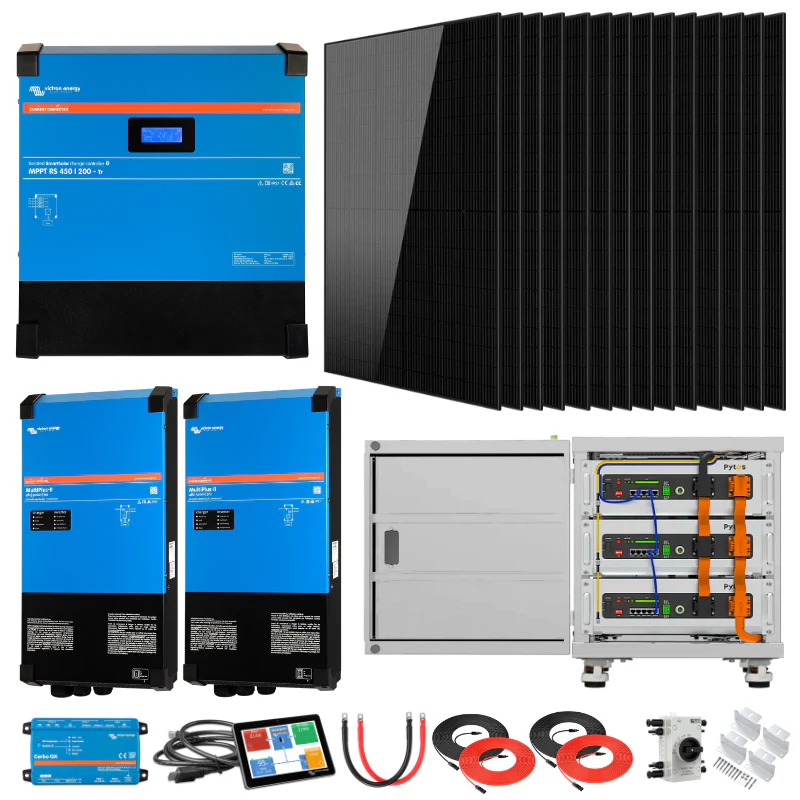 Dual Victron MultiPlus-II 5kVA off-grid solar kit with 15.36kWh Pytes LiFePO4 battery bank and 48V 120V/240V inverters for home RV backup power applications