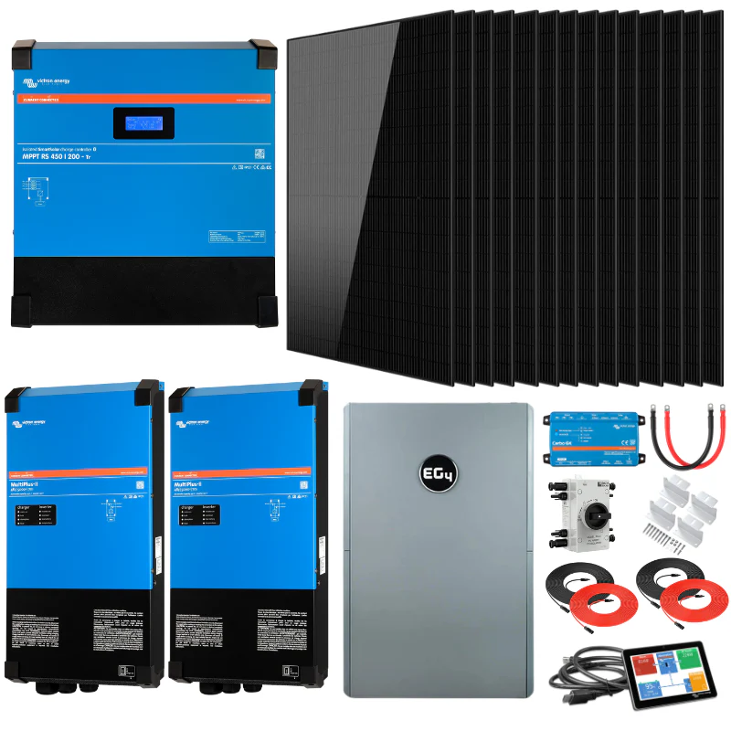 Dual Victron MultiPlus-II 5kVA off-grid solar kit with 15.36kWh Pytes LiFePO4 battery bank and 48V 120V/240V inverters for home RV backup power applications