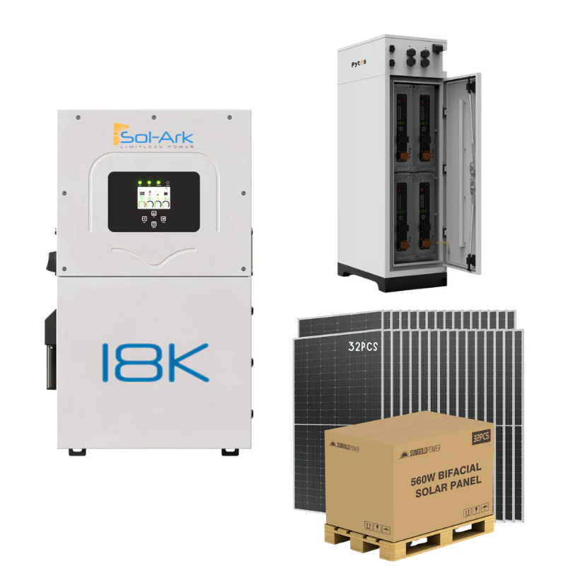 Sol-Ark 18kW hybrid solar kit with Pytes Pro 20.48kWh LiFePO4 battery bank and 32x550W bifacial solar panels for 48V 120V/240V home RV backup grid-tie power