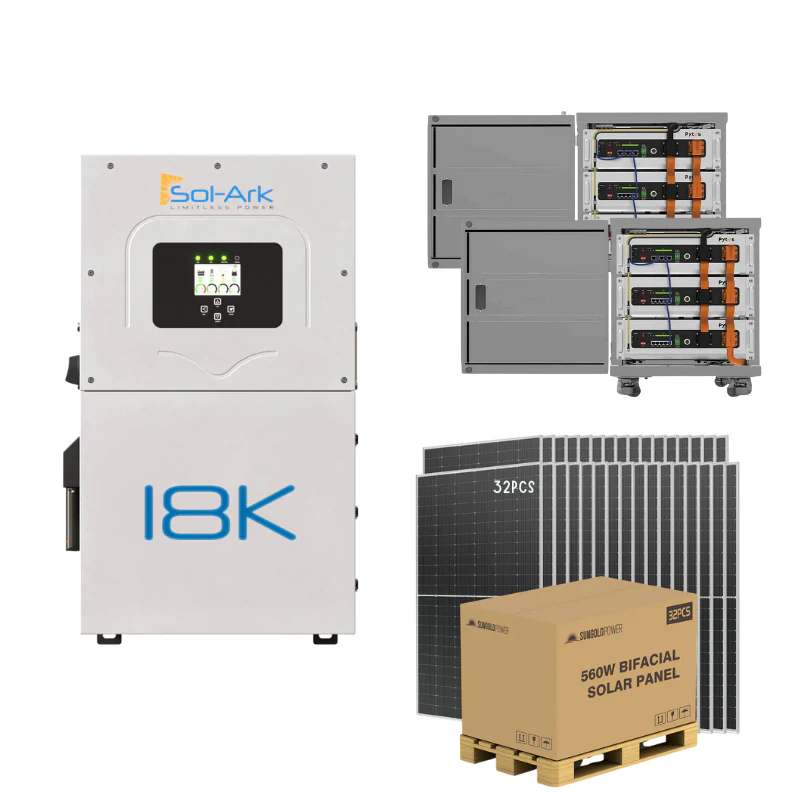 Sol-Ark 18kW hybrid solar kit with Pytes Pro 30.72kWh LiFePO4 battery bank and 32x550W bifacial solar panels for 48V 120V/240V home RV backup grid-tie power