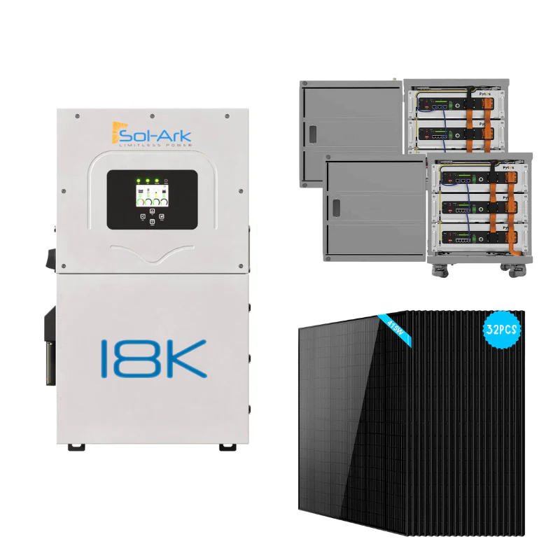 Sol-Ark 18kW hybrid solar kit with Pytes Pro 30.72kWh LiFePO4 battery bank and 32x500W PERC mono solar panels for 48V 120V/240V home RV backup grid-tie power