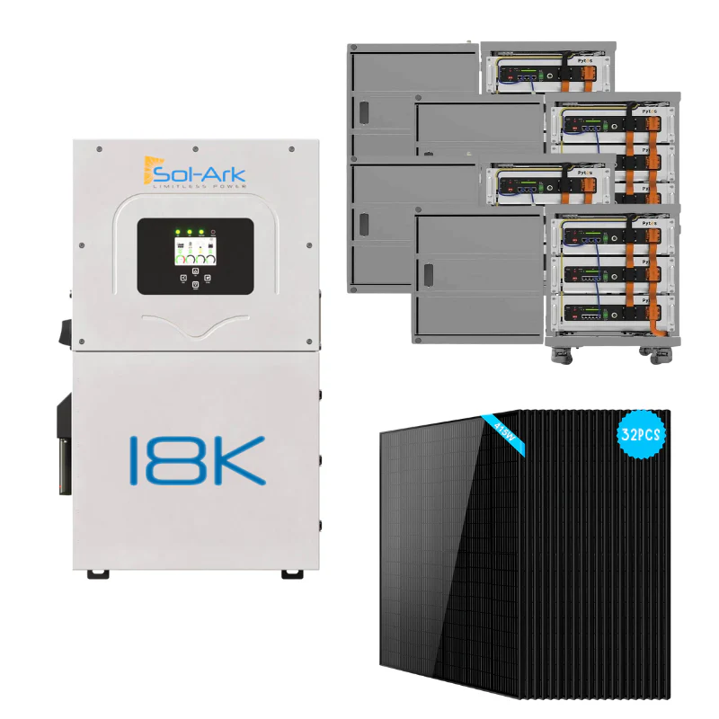 Sol-Ark 18kW hybrid solar kit with Pytes Pro 61.44kWh LiFePO4 battery bank and 32x500W PERC mono solar panels for 48V 120V/240V home RV backup grid-tie power