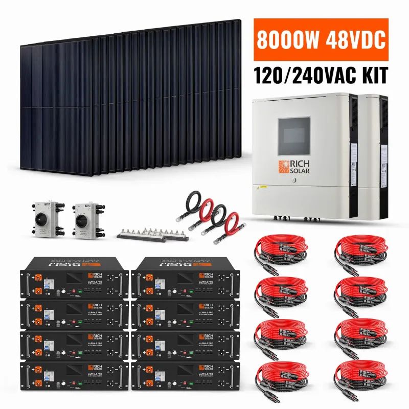 RICH SOLAR 8kW off-grid solar kit RS-CBK8000 with 40.96kWh Alpha 5 PRO LiFePO4 battery and 20x410W panels for 48V 120V/240V RV home off-grid solar applications