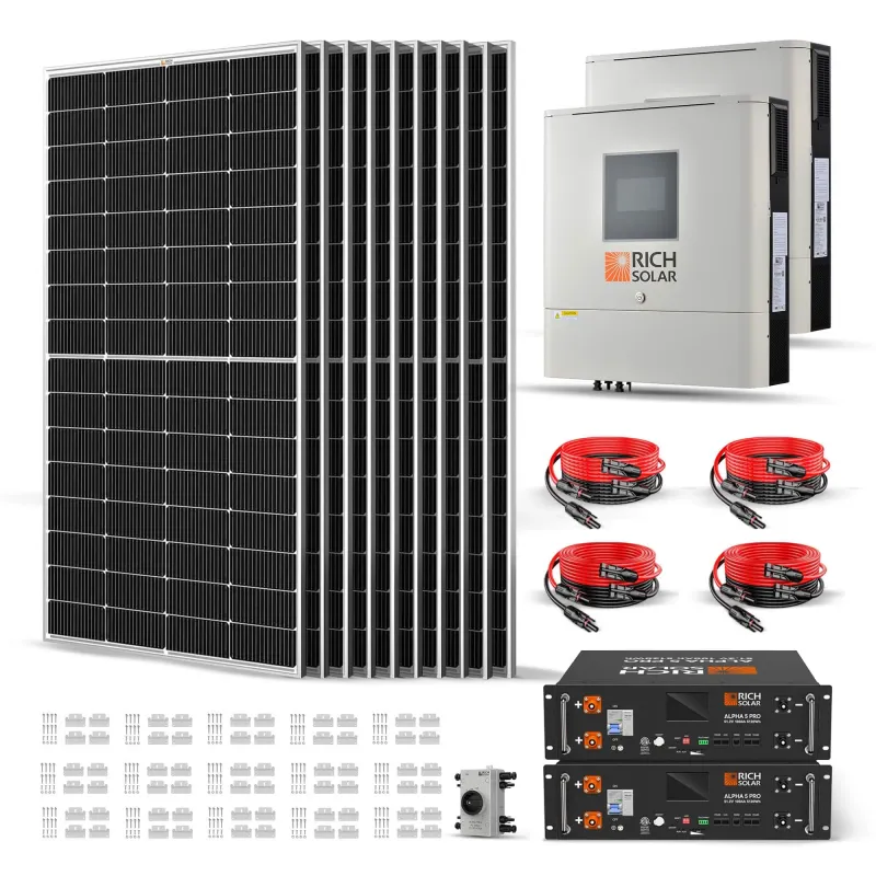 RICH SOLAR 2500W off-grid solar kit with 10.24kWh Alpha 5 PRO LiFePO4 battery and 10x250W panels for 48V 240VAC cabin workshop off-grid applications