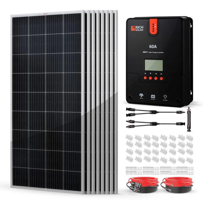 RICH SOLAR 1600W off-grid solar kit with 8x200W monocrystalline panels sleek black finish, 60A MPPT controller and accessories for RV cabin 24V applications