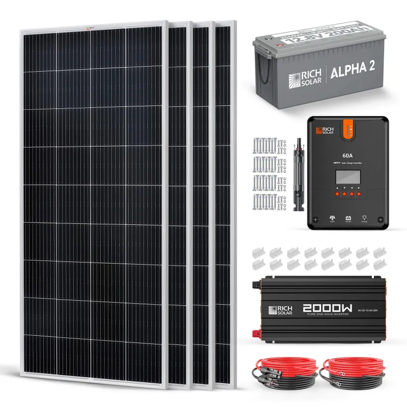 RICH SOLAR 12V 800W complete solar kit sleek black finish with 4x200W panels, 200Ah LiFePO4 battery and 2000W inverter for RV cabin boat off-grid power