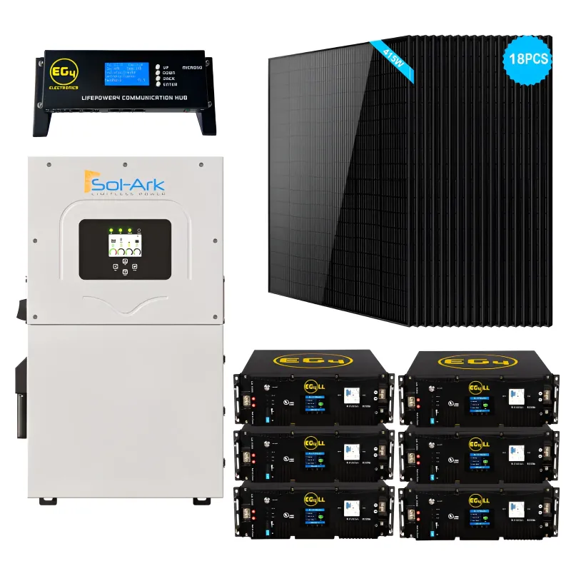 Sol-Ark 15kW ultimate EG4 SunGold Power hybrid solar kit with 28.8kWh LiFePO4 server rack battery bank and 18x415W Mono Black PERC solar panels for 48V 120V/240V home cabin off-grid power