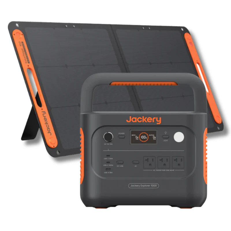Jackery Explorer 1000 v2 portable power station with 1070Wh LiFePO4 battery and 100W SolarSaga foldable solar panel for camping RV emergency backup applications