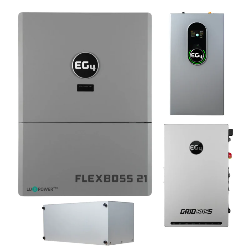 EG4 FlexBOSS21 complete hybrid power system with 16kW inverter and 14.3kWh WallMount Indoor LiFePO4 battery for whole-home backup off-grid applications
