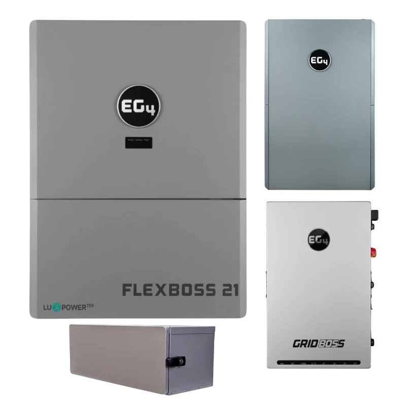 EG4 FlexBOSS21 complete hybrid power system with 16kW inverter and 14.3kWh WallMount Indoor LiFePO4 battery for whole-home backup off-grid applications