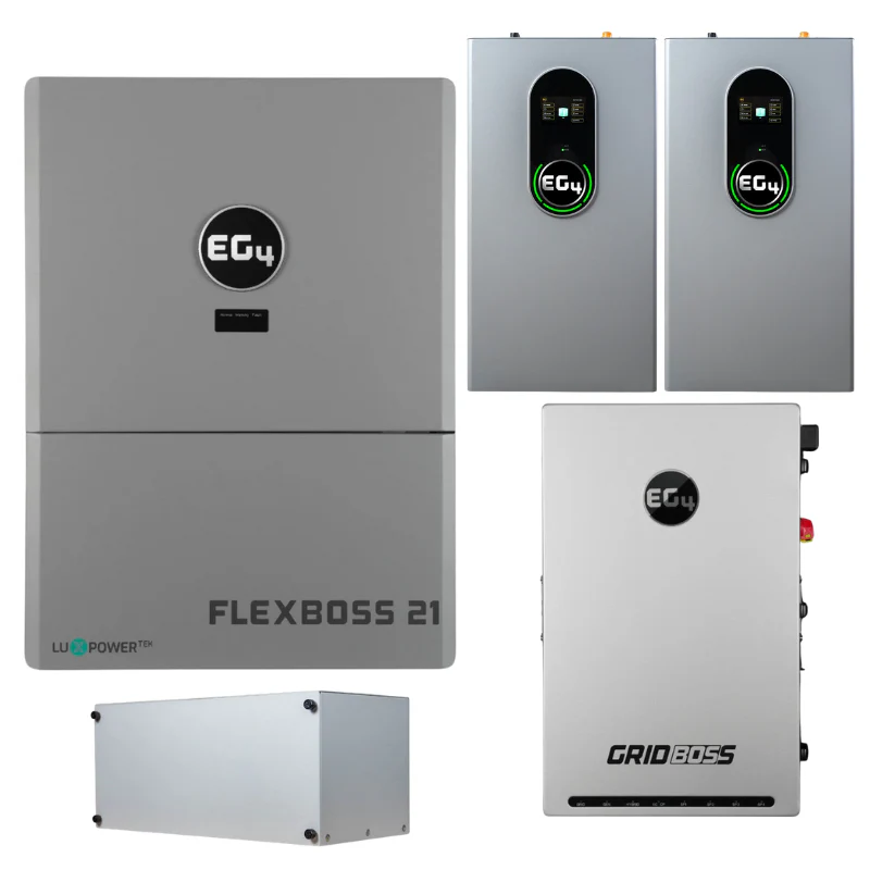 EG4 FlexBOSS21 complete hybrid power system with 16kW inverter and 14.3kWh WallMount Indoor LiFePO4 battery for whole-home backup off-grid applications