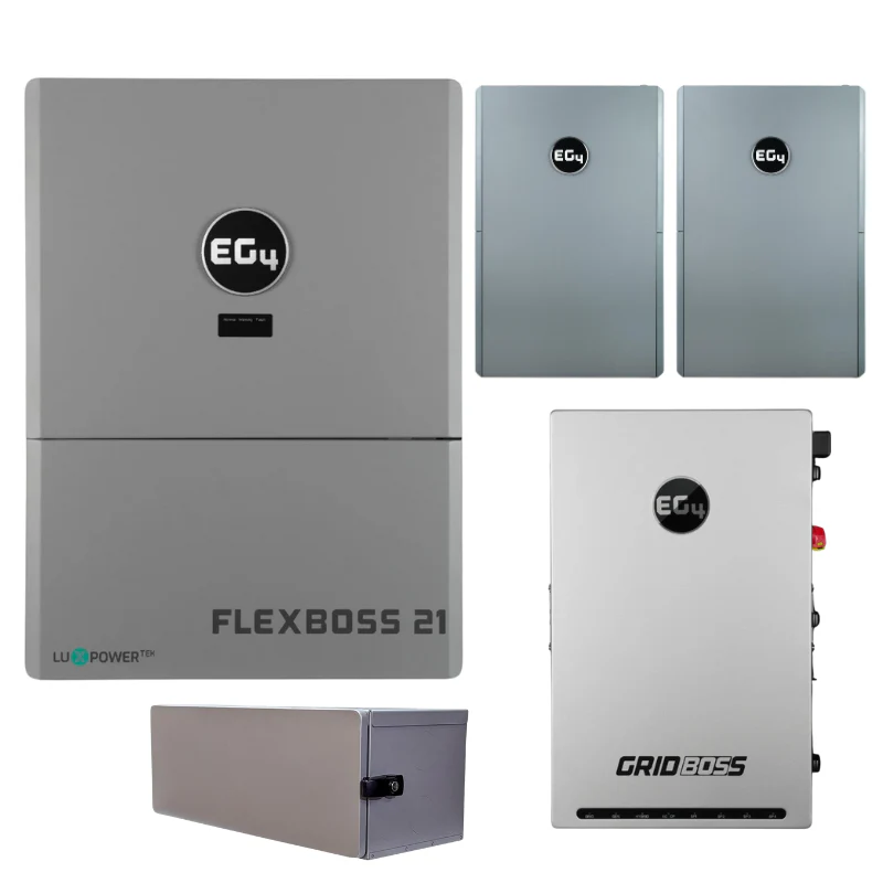 EG4 FlexBOSS21 complete hybrid power system with 16kW inverter and 14.3kWh WallMount Indoor LiFePO4 battery for whole-home backup off-grid applications