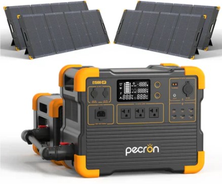 PECRON E1500LFP portable power station with 2x EP3000-48V expansion batteries and 4x300W foldable solar panels 7680Wh LiFePO4 for home backup RV off-grid applications