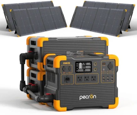 PECRON E1500LFP portable power station with 2x EP3000-48V expansion batteries and 4x300W foldable solar panels 7680Wh LiFePO4 for home backup RV off-grid applications