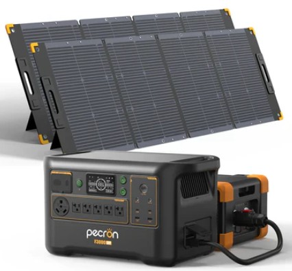 PECRON F3000LFP solar generator kit with EP3800-48V expansion battery and 2x300W foldable solar panels 6672Wh LiFePO4 for home backup RV off-grid applications