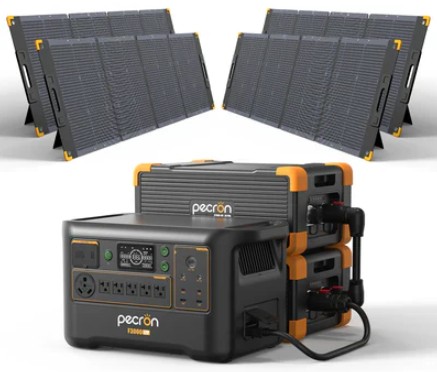 PECRON F3000LFP solar generator kit with EP3800-48V expansion battery and 2x300W foldable solar panels 6672Wh LiFePO4 for home backup RV off-grid applications